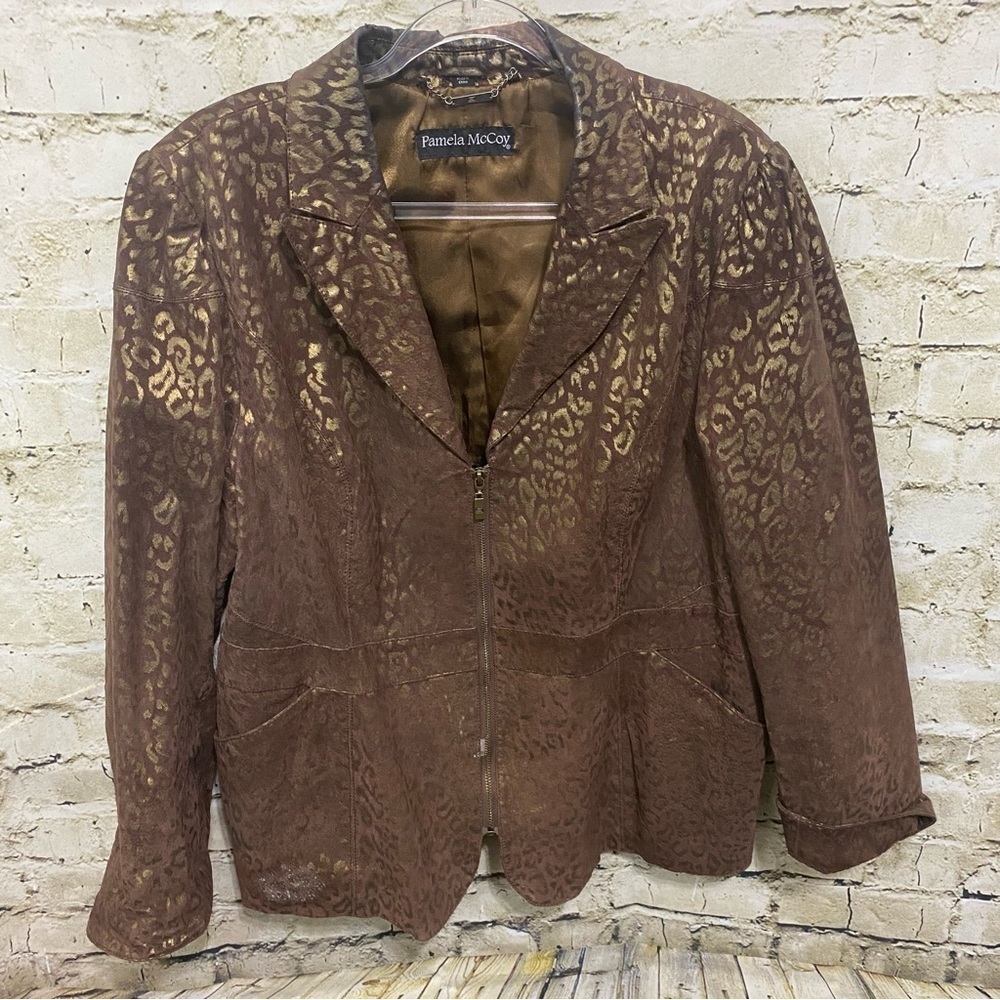 Pamela McCoy Jacket Brown Gold Cheetah Animal Print Zip Front Jacket